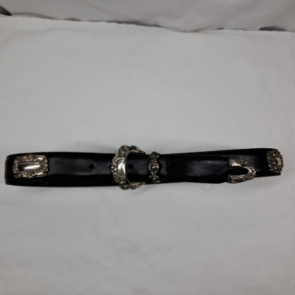 VTG Fossil Concho Black Silver Tone Metal Genuine Leather Belt 32"/ M  BT7706
